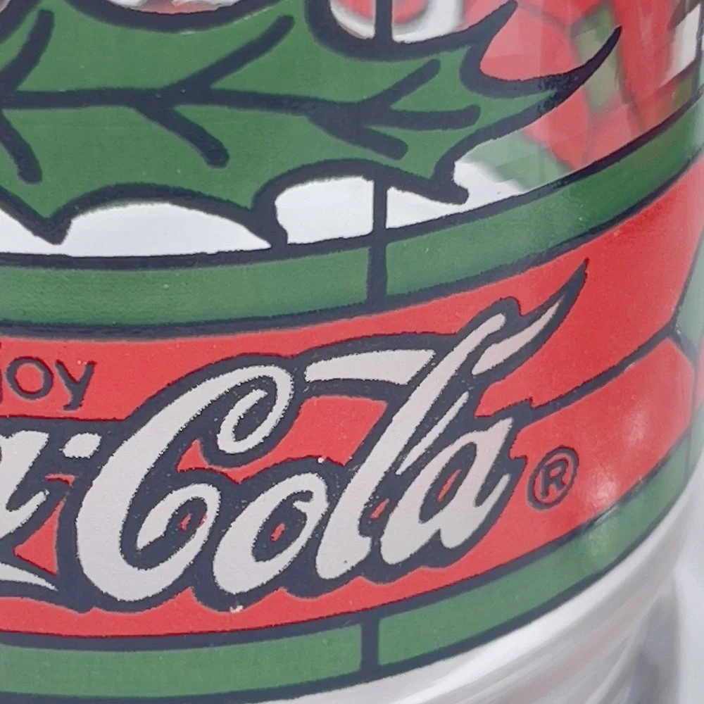 Vintage COCA COLA Christmas Holly Berry Stained Glass Drinking Glasses Set‎ Of 2